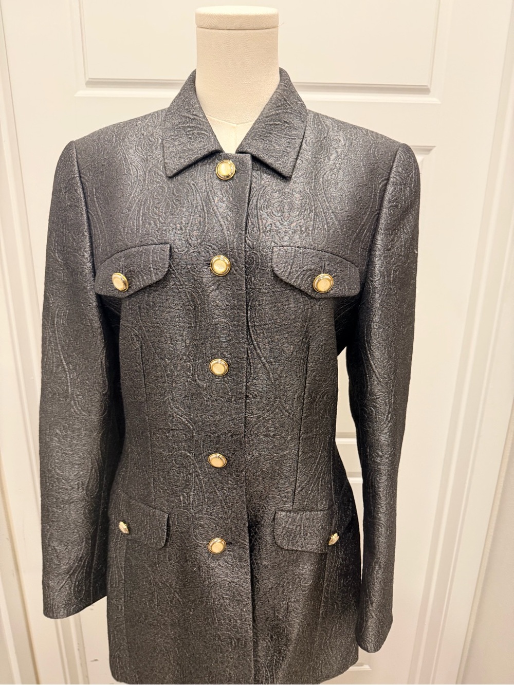 Escada Charcoal Gray Textured Silk-Virgin Wool Two-Piece Suit with Gold Buttons - Picture 3 of 13